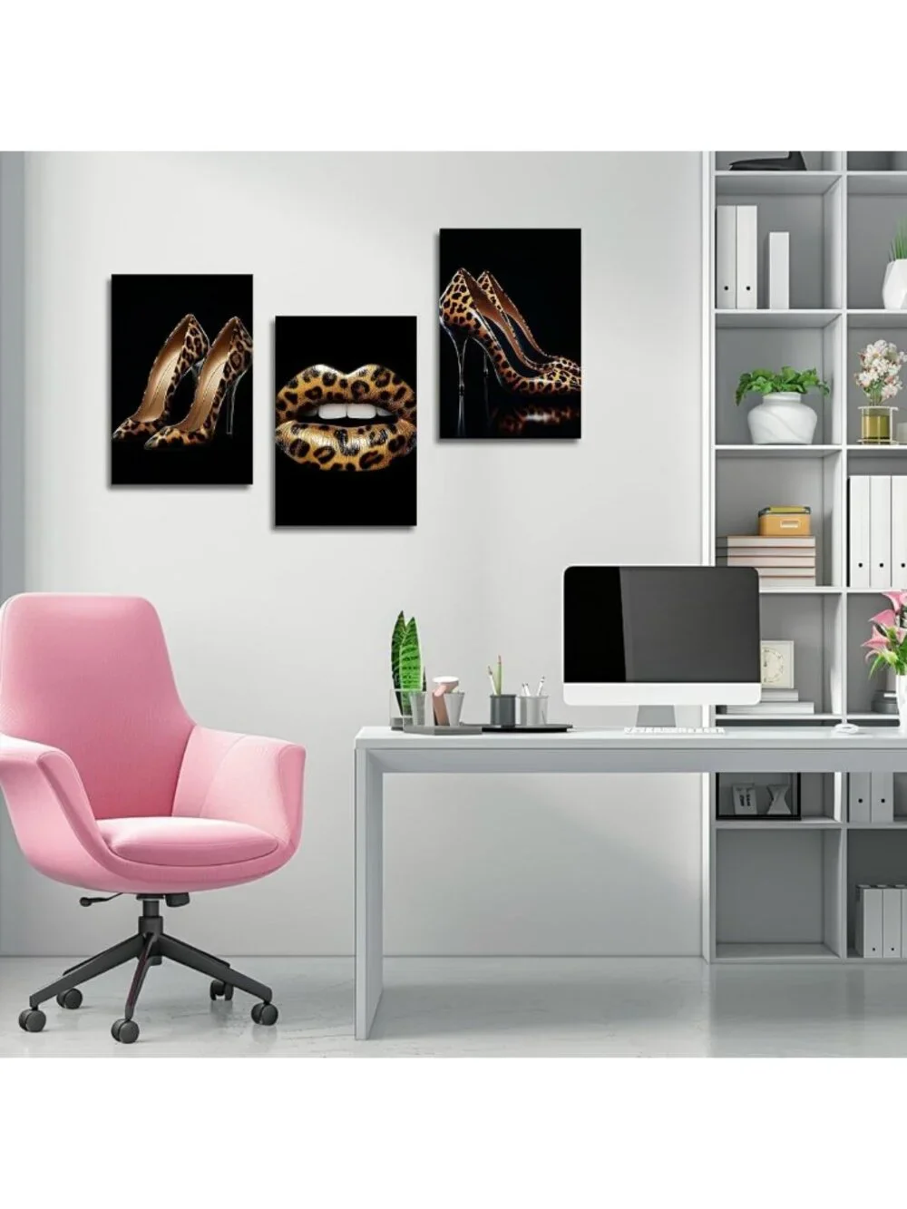 3-Piece Canvas Wall Art Set - Leopard Lips & High Heels Prints for Makeup Room
